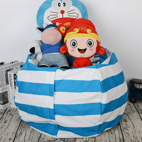 Amerteer 24" Kids' Bean Bag Chair Stuffed Animal Storage, Stripe Cotton Canvas Toy Organizer for Kids Bedroom, Storage Solution for Plush Toys,Towels & Clothes-Blue