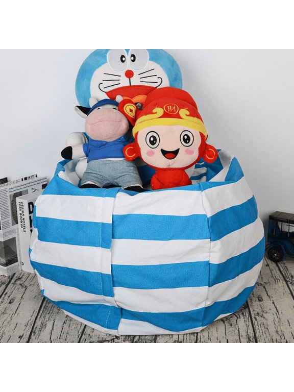 24" Kids' Bean Bag Chair Stuffed Animal Storage, Stripe Cotton Canvas Toy Organizer for Kids Bedroom, Storage Solution for Plush Toys,Towels & Clothes-Blue