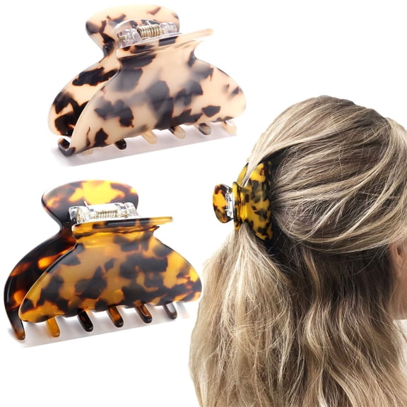 Amerteer 2PCS Medium Hair Claw Clips Tortoise Shell French Design Celluloid Hair Clamps Non Slip Grip Jaw Clips for Women