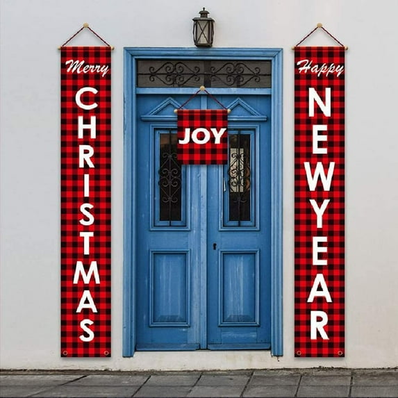 Amerteer 3Pcs Christmas Porch Sign, Merry Christmas Banner Indoor Outdoor Christmas Decorations New Year Black Red Buffalo Plaid Hanging Banners Sign for Holiday Party Supplies Home Welcome