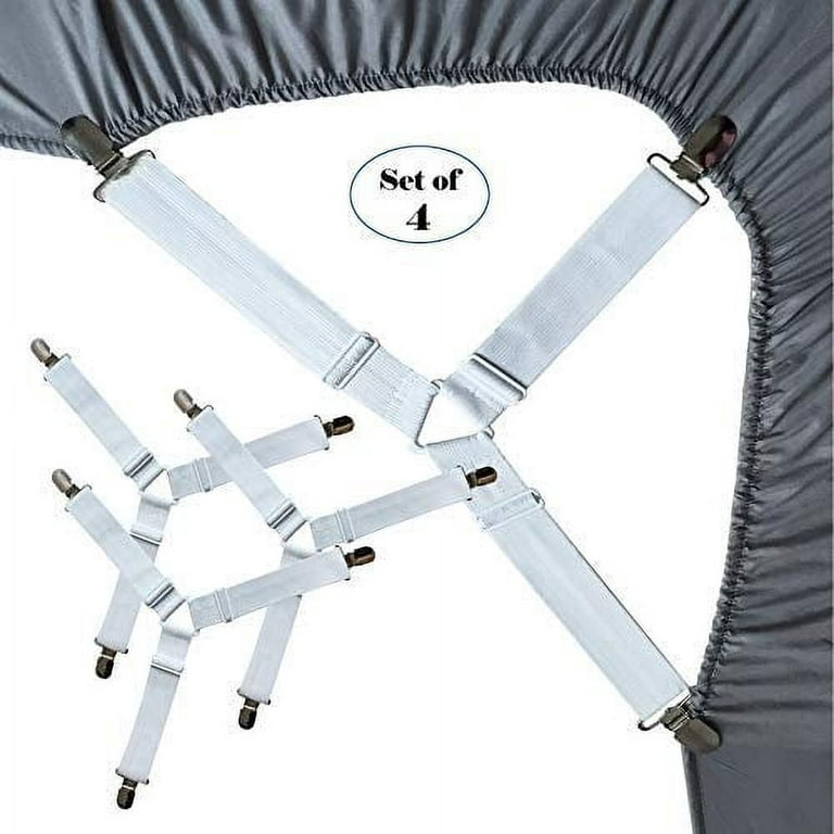 4pcs White Bed Sheet Holder Corner Straps - Elastic Fasteners/Grippers/ Suspenders