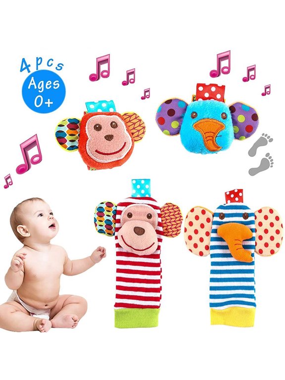 4 Pack Baby Socks Toys, Baby Feet and Fingers Socks Set, Design with Monkey and Elephant Organic Cotton Socks for Infant and Toddler,Wonderful Baby Gift