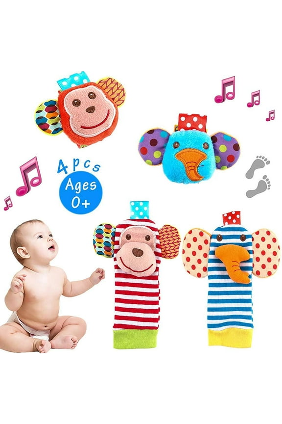 4 Pack Baby Socks Toys, Baby Feet and Fingers Socks Set, Design with Monkey and Elephant Organic Cotton Socks for Infant and Toddler