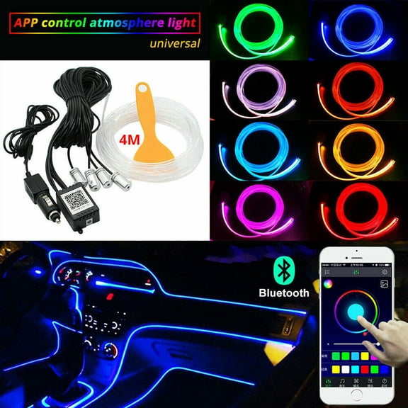 Amerteer 4M RGB LED Car Interior Fiber Optic Neon EL Wire Strip Light Atmosphere Light Strip Optic Fiber Colorful Decor