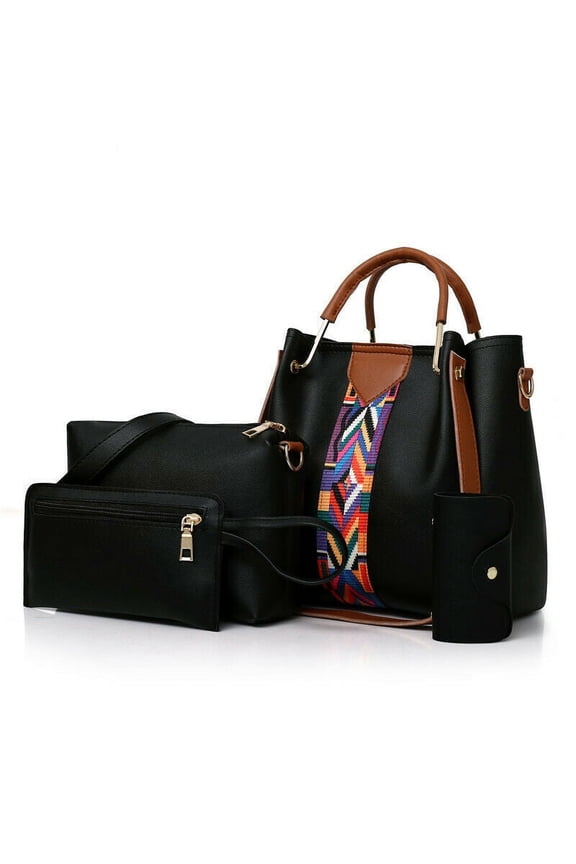 4pcs Set Women Fashion Leather Handbags Tote Bag + Shoulder Messenger Bag + Top Handle Satchel Purse + Card Holder,Black