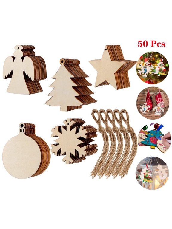 50Pcs Christmas Wooden Ornaments Unfinished, 5 Styles Craft Wood Kit for Crafts Christmas Ornaments DIY Crafts with 50 Pieces Strings