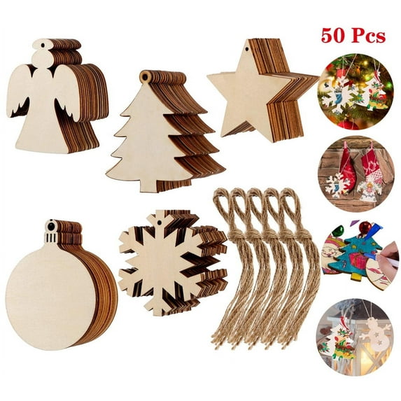 Amerteer 50Pcs Christmas Wooden Ornaments Unfinished, 5 Styles Craft Wood Kit for Crafts Christmas Ornaments DIY Crafts with 50 Pieces Strings