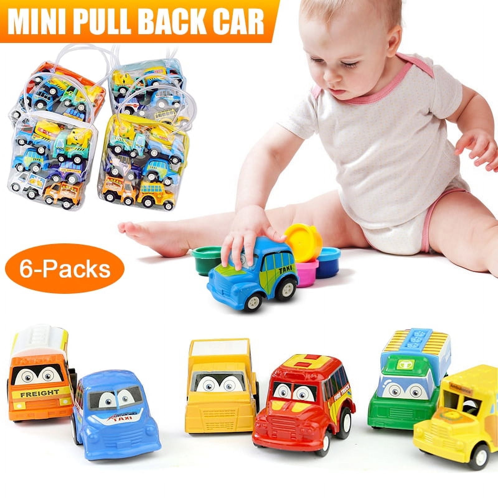 Amerteer 6 Pack Pull Back Cars for Toddlers,Construction Vehicles Toys for Baby Kids 1 2 3 Years Old Boys Child, Friction Powered Pull Back and Go Mini Vehicles for Kids Party Birthday Christmas Gift