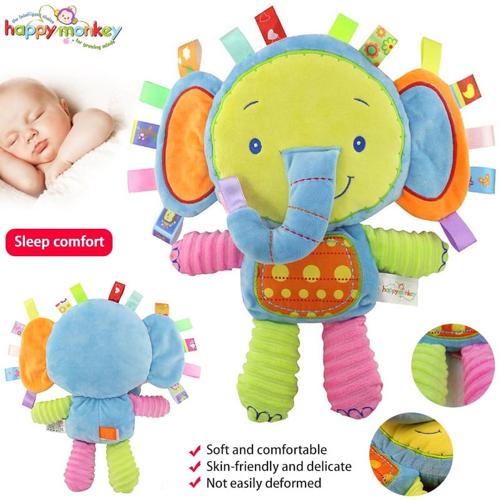 Amerteer Baby Tags Toy, Monkey/Tlephant Taggie Security Blanket Elephant Stuffed Toy, Baby Plush Sensory Tag Toy with Ribbons & Rattle,Baby Gifts for Newborns,Infant