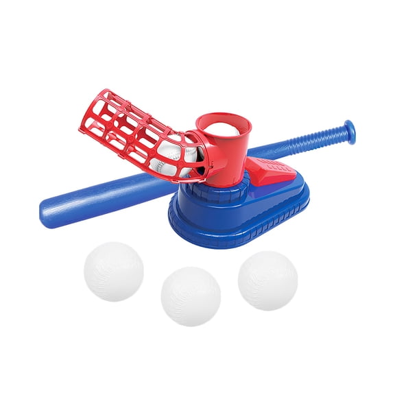 Amerteer  Baseball Pop A Pitch - Includes 25" Collapsible Plastic Bat and 3 Plastic Baseballs,Red/Blue