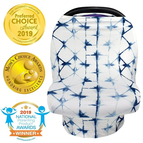 Amerteer Carseat Canopy & Nursing Cover, Stretchy & Ultra Soft Breastfeeding, Car seat & Stroller, Shopping Cart Covers for Boys or Girls, Best Stretchy Infinity Scarf and Shawl-Blue Lattice