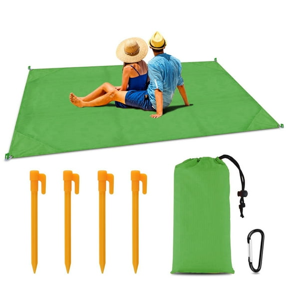 Amerteer Outdoor Proof Beach Blanket/Compact Pocket, Extra Large 79”x 55” Beach Mat, Big & Compact Sand Free Mat Quick Drying, Lightweight & Durable with 4 Stakes& 1 Carabiner