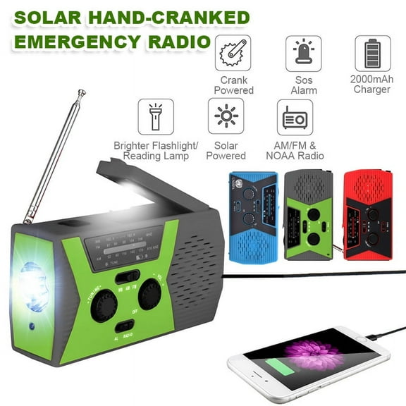 Amerteer Emergency Solar Hand Crank Radio,AM/FM/NOAA Weather Radio ,Portable Hurricane Survival Radio with LED Flashlight, Reading Lamp, 2000mAh Cell Phone Charger, SOS Alert