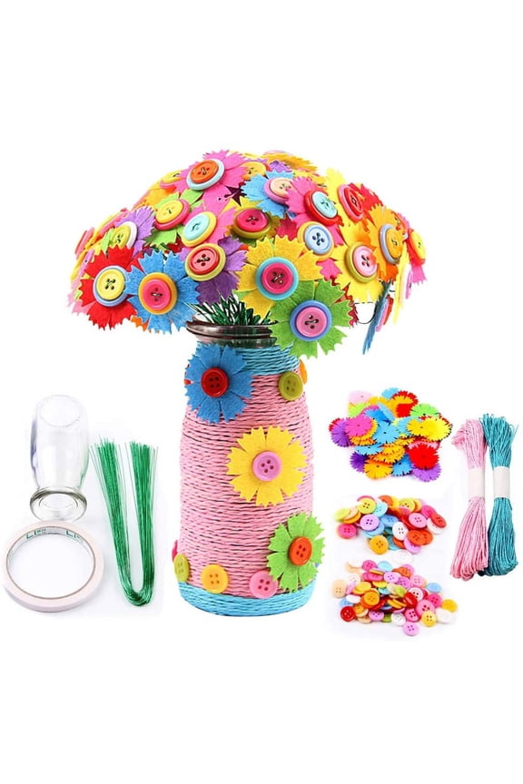 Flower Craft Kits for Kids – DIY Vase Craft Project with Buttons and Felt Flowers - Make Your Own Flower Bouquet - Fun Gift for Boys, Girls Age 4 5 6 7 8 9 Years Old