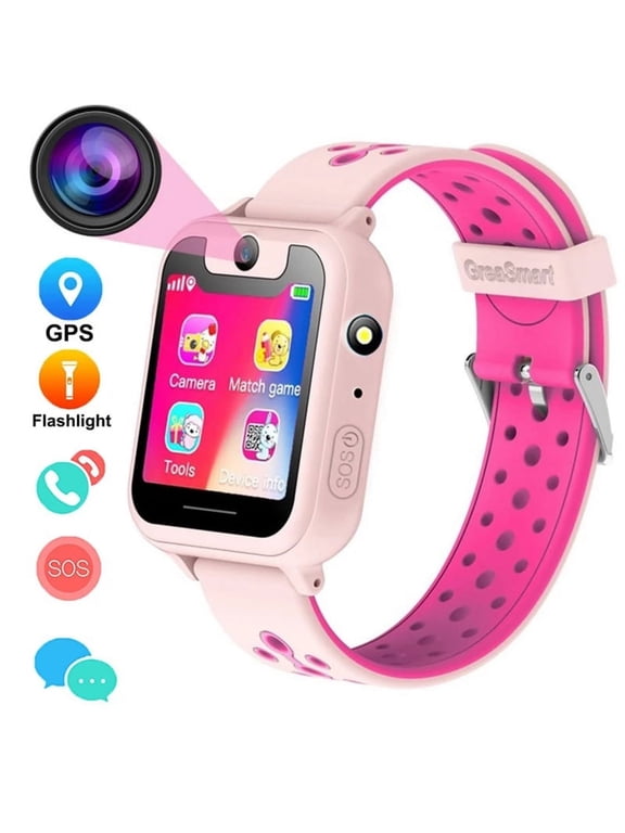 Kids GPS Anti-Lost Smart Watch,1.54 inch Touch Screen SOS GPS Location Flashlight with HD Camera Playing Games UI Dial SOS Emergency Alarm Low-Power Alarm Function (Pink)