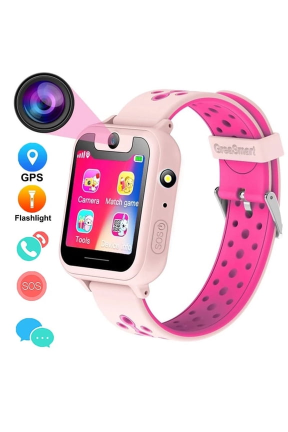 Kids GPS Anti-Lost Smart Watch,1.54 inch Touch Screen SOS GPS Location Flashlight with HD Camera Playing Games UI Dial SOS Emergency Alarm Low-Power Alarm Function (Pink)