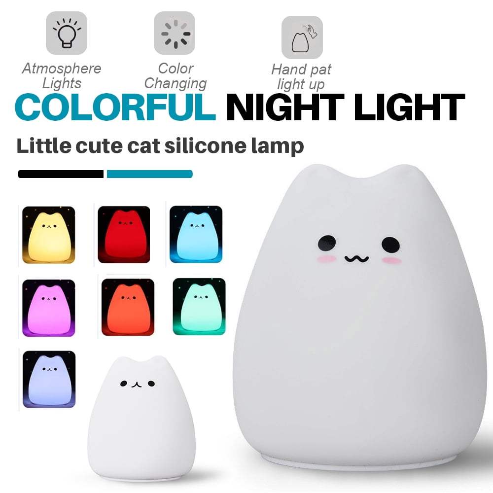 Amerteer LED Cat Night Light, Battery Powered Silicone Cute Cat Nursery ...