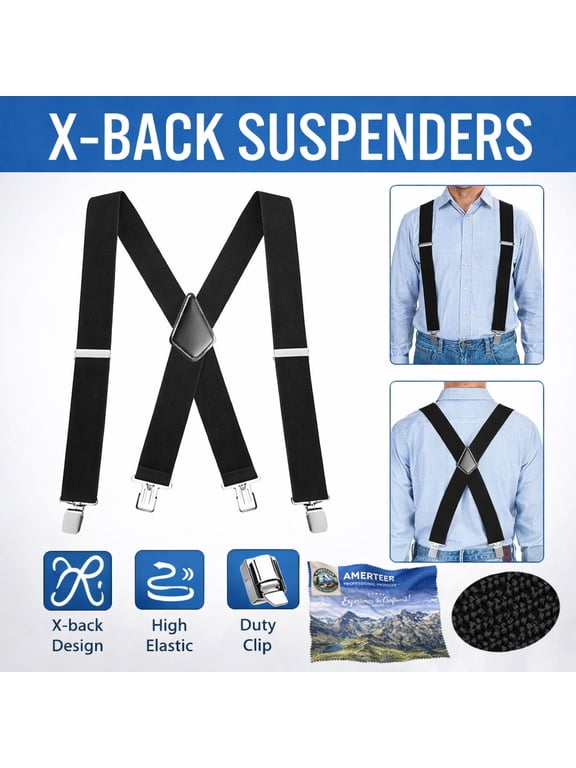 Mens Suspenders X-Back 2" Wide Adjustable Solid Straight Clip Suspenders with Heavy Duty Clip for Work Pants