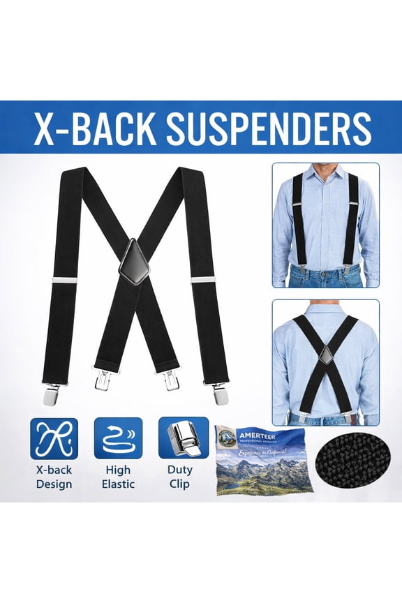 Mens Suspenders X-Back 2" Wide Adjustable Solid Straight Clip Suspenders with Heavy Duty Clip for Work Pants