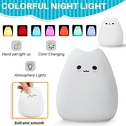 Amerteer Portable LED Children Night Light Kids Multicolor Silicone Cat Lamp, Warm White &7-Color Breathing Dual Light Modes, Sensitive Tap Control for Baby Adults Bedroom,Decompression Toy Lighting