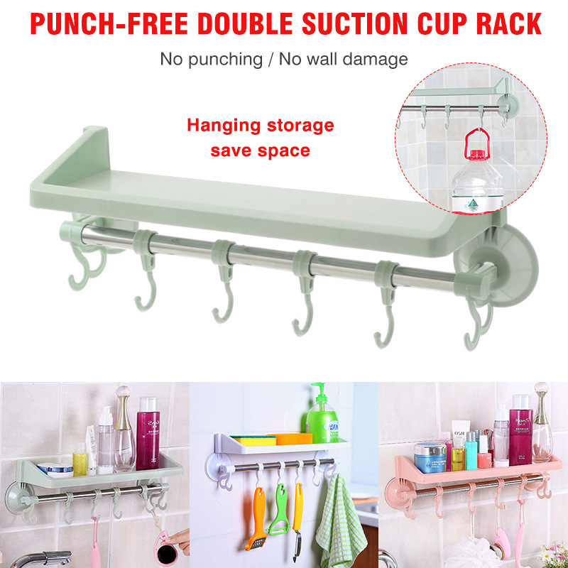 Amerteer Shower Caddy with 6 Hooks for Hanging Razor and Sponge Adhesive Shower Shelf Storage