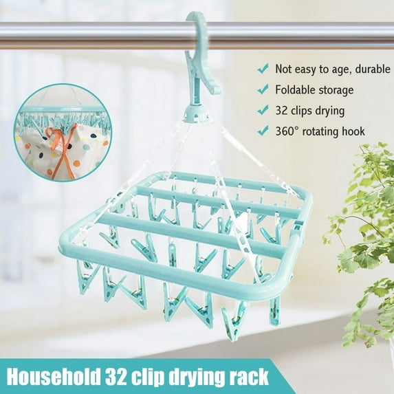 Amerteer Windproof 32-Clip 1-Tier Clothes Drying Rack with Hook, Blue