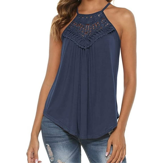 Amerteer Women's Casual Summer Cute Lace Halter Neck Flowy Pleated Workout Sleeveless Tank Tops T-shirts Blouses.