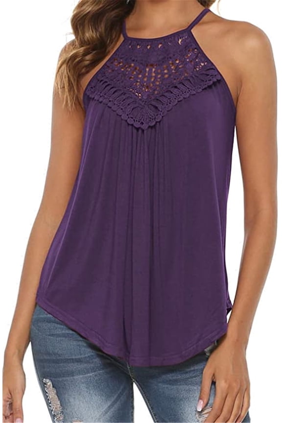 Women's Casual Summer Cute Lace Halter Neck Flowy Pleated Workout Sleeveless Tank Tops T-shirts Blouses.