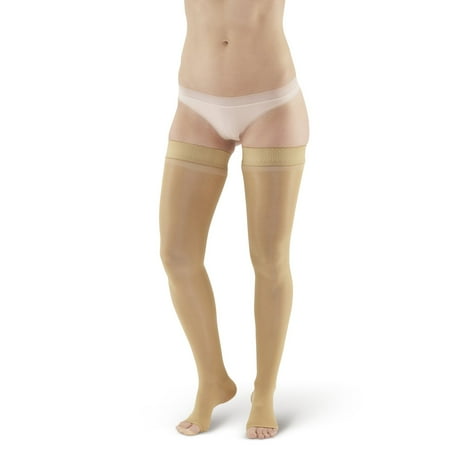 Ames Walker AW Style 266 Signature Sheers 20-30 mmHg Firm Compression Open Toe Thigh High Stockings w/Dot Band Silky Nude Large