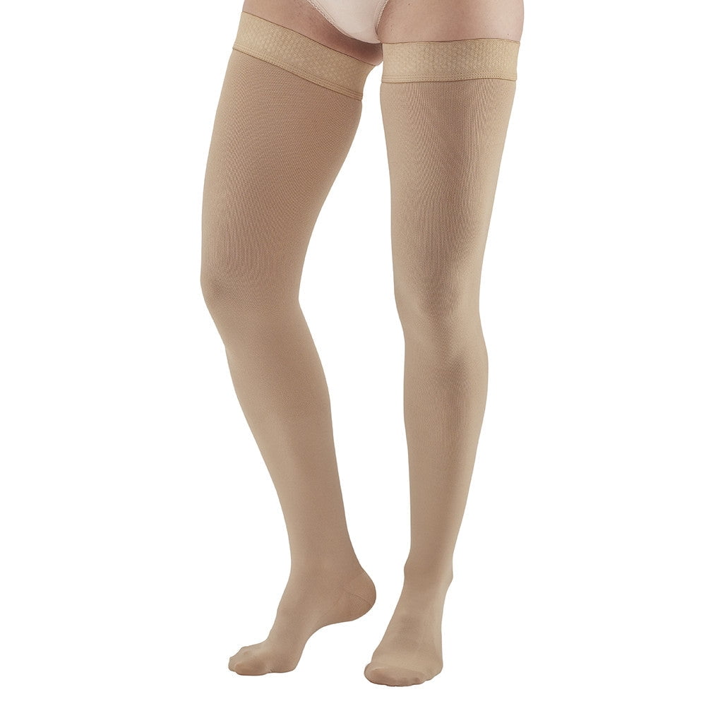 Duomed Advantage Soft Opaque 20-30 MmHg Thigh High Compression Stockings - Closed Toe With Top Band, Almond, Small Petite
