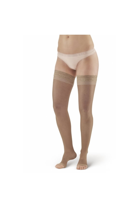 AW Style 48 Sheer Support 20-30 mmHg Firm Compression Open Toe Thigh High Stockings w/Top Band Nude Large