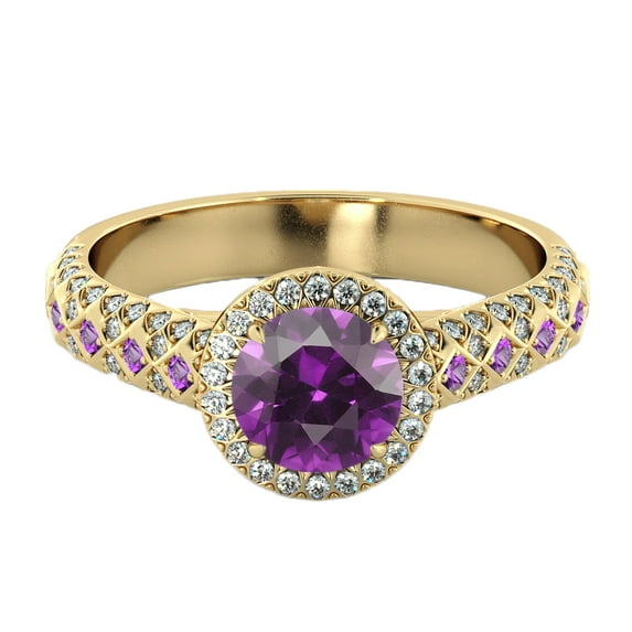 Amethyst 2.50 ctw Ring with Diamonds 14K Yellow Gold Vintage Micro Pave Halo