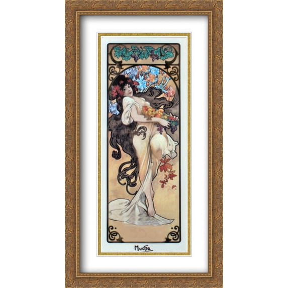 Amethyst 2x Matted 22x40 Large Gold Ornate Framed Art Print by Mucha, Alphonse
