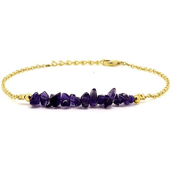 Amethyst 3-5mm Uncut Chips Shape Smooth Cut Beads 7 inch Gold Plated Clasp Bracelet for men, women, unisex. Link Chain Stacking Bracelet.|LINK_00479