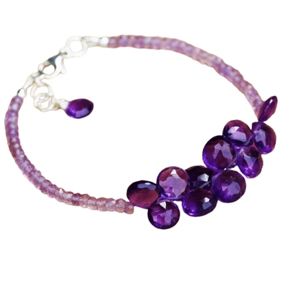 Amethyst 3-8mm Rondelle & Pear Shape Faceted Cut Beads 7 inch Adjustable Silver Plated Clasp Bracelet for men, women, unisex. Link Chain Stacking Bracelet.|LINK_00338