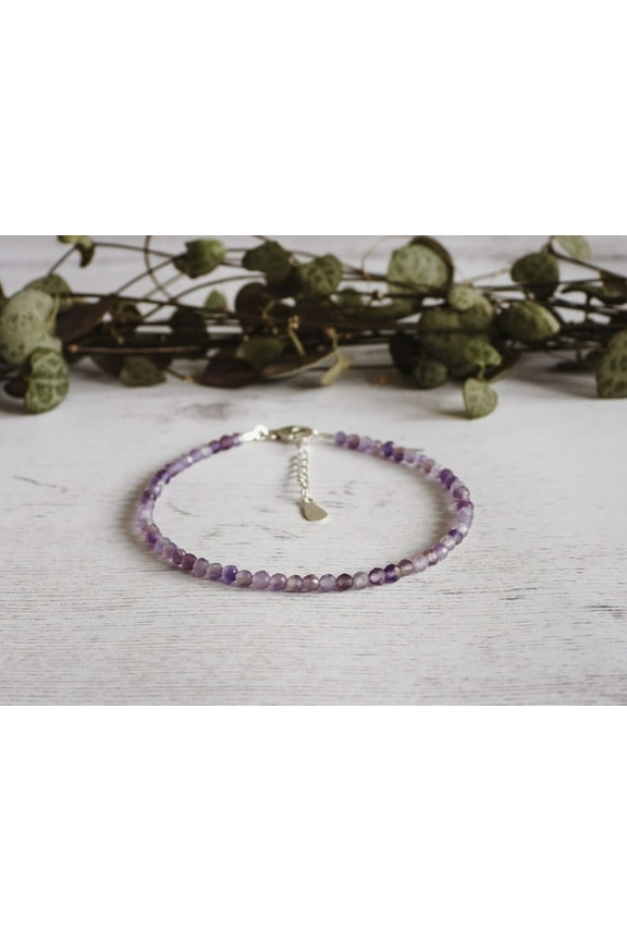 Amethyst 3mm Round Shape Faceted Cut Beads 7 inch adjustable Silver Plated Clasp Bracelet for men, women, unisex. Link Chain Stacking Bracelet.|LINK_00420