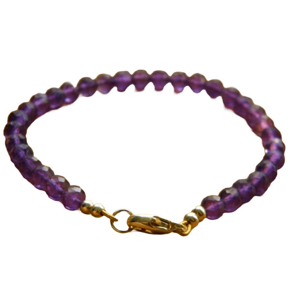 Amethyst 4mm Round Shape Faceted Cut Beads 7 inch Gold Plated Clasp Bracelet for men, women, unisex. Link Chain Stacking Bracelet.|LINK_00444