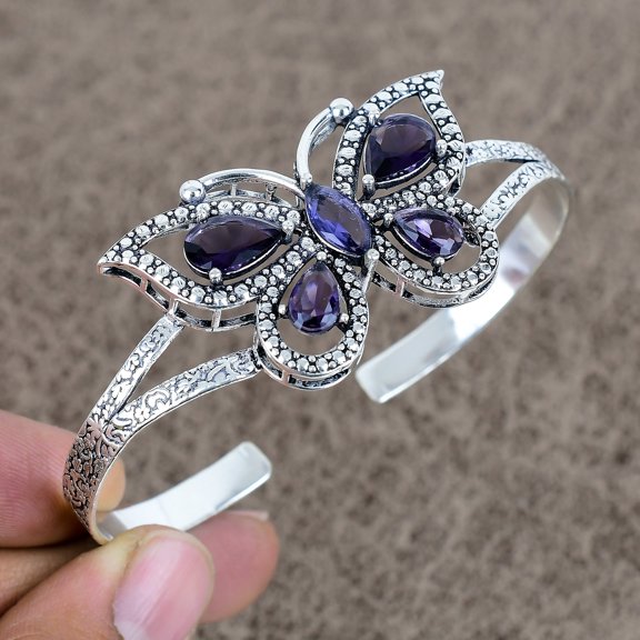 Amethyst 925 Sterling Silver Gemstone Handmade Cuff Bangle Adjustable