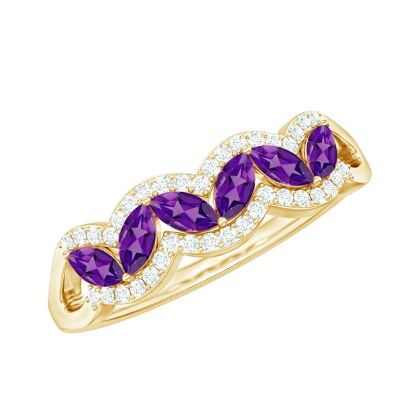 Rosec Jewels Natural Amethyst Half Eternity Ring (AAA Grade) - Natural Amethyst and Diamond Ring - Ready to Gift for Anniversary, 10K Yellow Gold, US 10.50