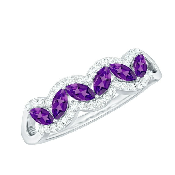 Rosec Jewels Natural Amethyst Half Eternity Ring (AAA Grade) - Natural Amethyst and Diamond Ring - Ready to Gift for Anniversary, 14K White Gold, US 7.50