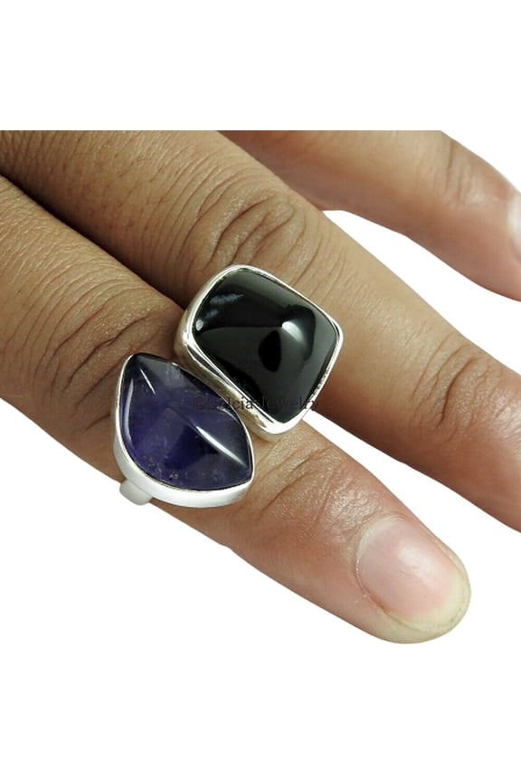Amethyst & Black Obsidian Natural Beautiful Ring, 925 Sterling Silver, Adjustable Ring, Unique Gifts Ring, Statement Ring, Stackable Stacking Ring, Engagement Ring, February Birthstone Size 7