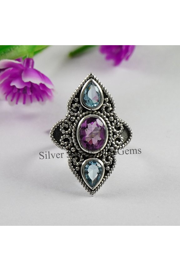 Amethyst Blue Topaz 925 Sterling Silver Ring - Handmade Boho Designer Ring
