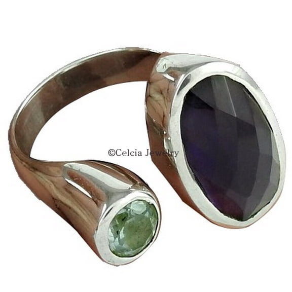 Amethyst & Blue Topaz Adjustable Ring, 2 Stone Stackable Statement Bohemian Promise Ring, Gifts For Women, November February Birthstone (amethyst, Size 7)