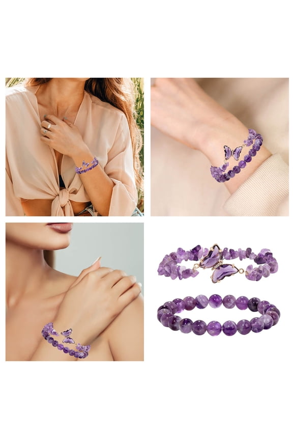 Amethyst Bracelet For Women Stone Beaded Jewelry Layered Charm Anxiety For Her 2PCS