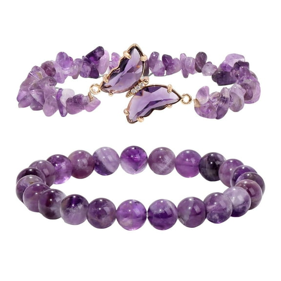 Amethyst Bracelet for Women Anxiety Stone Beaded Charm Layered Bracelet Jewelry for Her 2PCS
