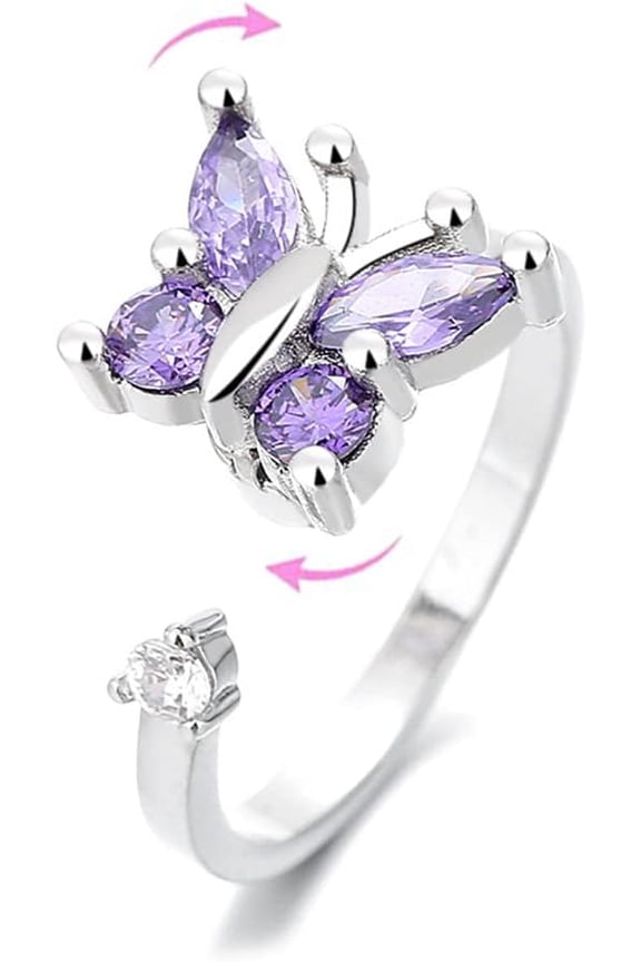 Amethyst Butterfly Fidget Anxiety Rings for Women Sterling Silver Plated CZ Rotate Freely Spinner Stress Relief Open Stacking Finger Ring Eternity Promise Fashion Cubic Zirconia Jewelry