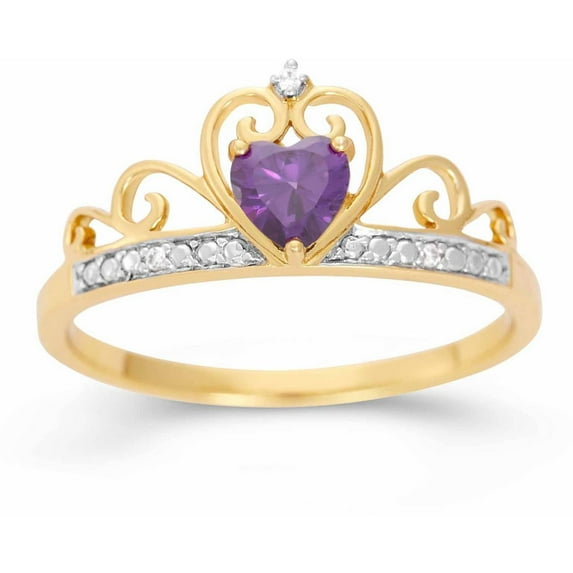 Amethyst CZ Heart and White CZ 18kt Gold over Sterling Silver Crown Ring