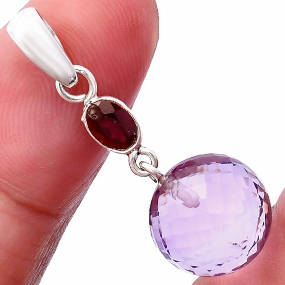 Amethyst Checker Ball & Garnet 925 Sterling Silver Pendant Jewelry P-1729 SDP146537