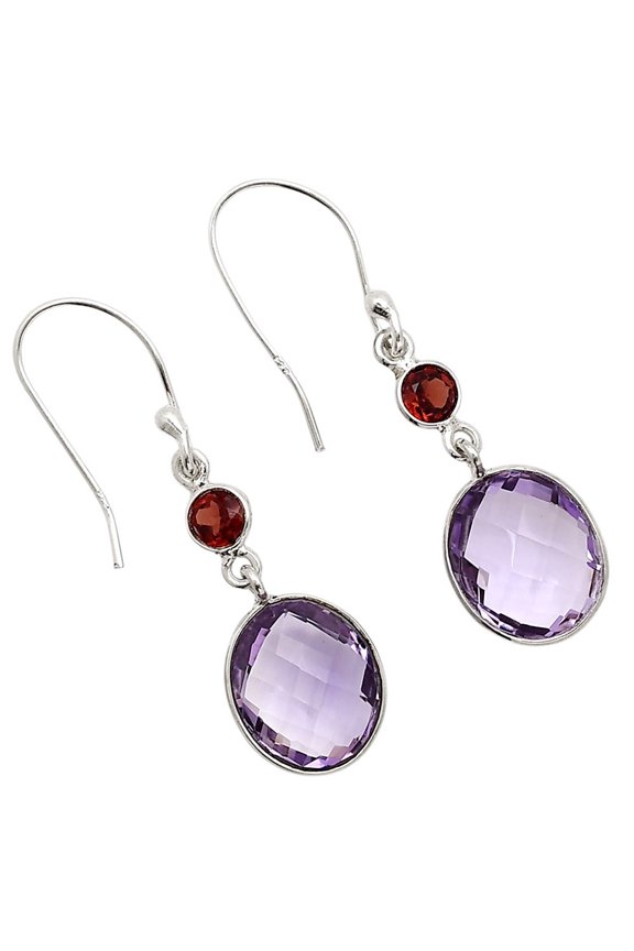 Amethyst Checker Briolette & Hessonite Garnet 925 Silver Earrings Jewelry E-1006 SDE90884