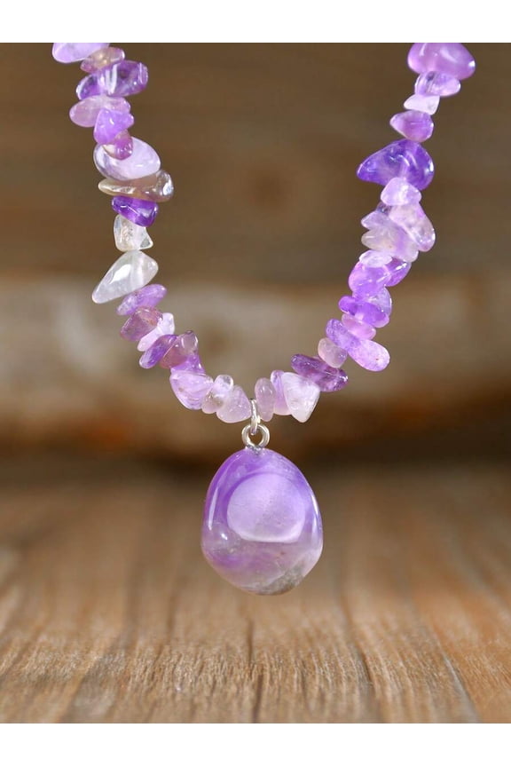 Amethyst Chip Beaded Pendant Necklace Boho Style Natural Stone